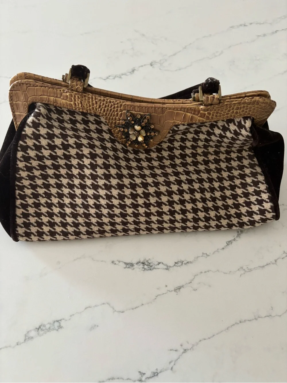 Vintage Marshall Fields Houndstooth Top-Handle Satchel with Camel Trim